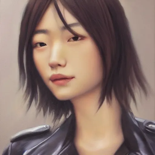 Prompt: perfect, realistic oil painting of close-up japanese young woman wearing leather jacket, in Final Fantasy