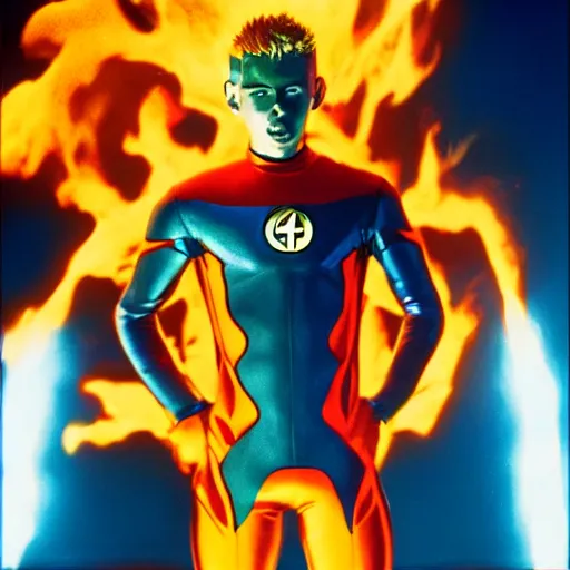 Prompt: a colourful lighting, autochrome image of Johnny storm from fantastic four, 4K, photoreal, highly detailed.