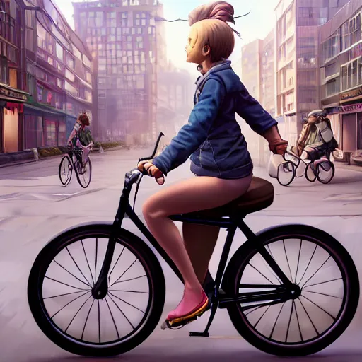 Image similar to girl riding on bike through city, digital art, by ben weiner, richard estes, range murata, akiyuki shinbou, yoshitaka amano, wlop, highly detailed, realistic, cinematic, bold colours, photorealism, 4 k, wide angle lens, trending on artstation, artgerm
