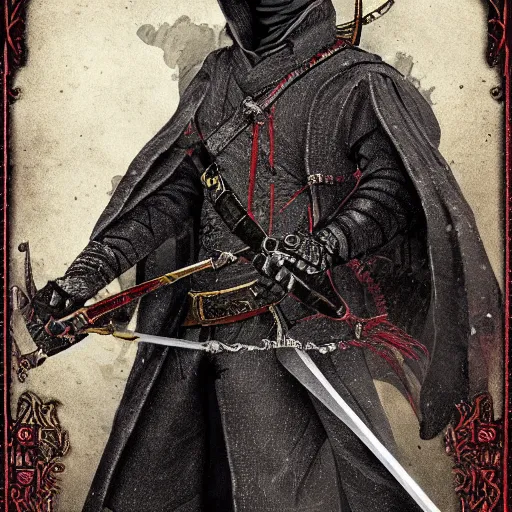 Prompt: Tarot Card of Male Victorian Gothic Ninja, hd, intricate, bloodborne, 8k, digital art