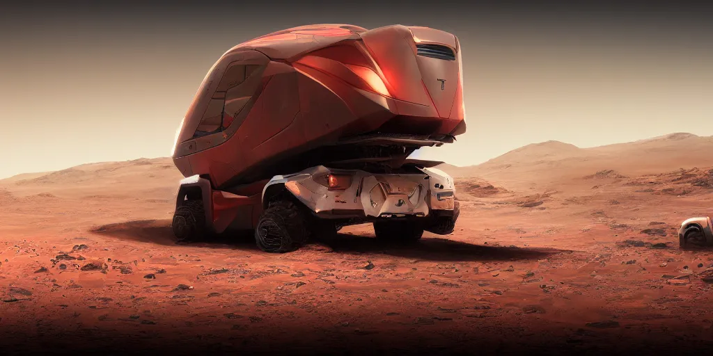 Image similar to tesla cybertruck rolling on mars 3 d concept art, anime, dust around, big planet venus backdrop, cinematic lighting, intricate details, octane rendering, trending on artstation, featured on behance