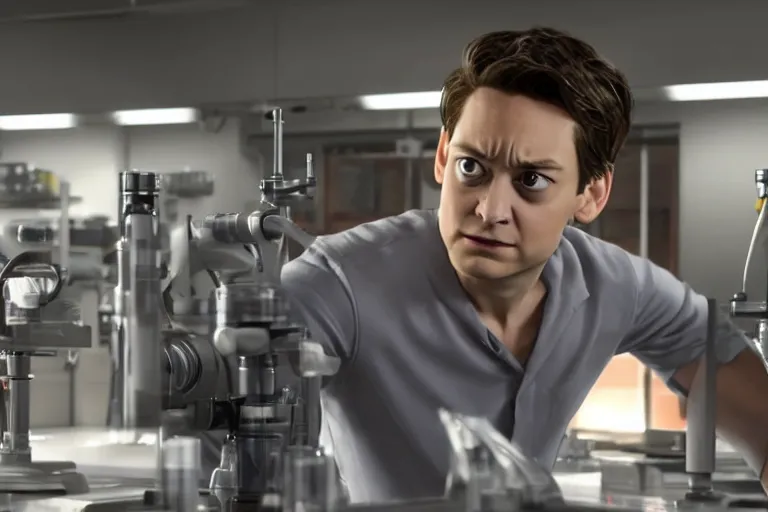 Prompt: Marvel Raimiverse Peter Parker played by Tobey Maguire working at a laboratory ultra realistic, 4K, movie still, UHD, sharp, detailed, cinematic