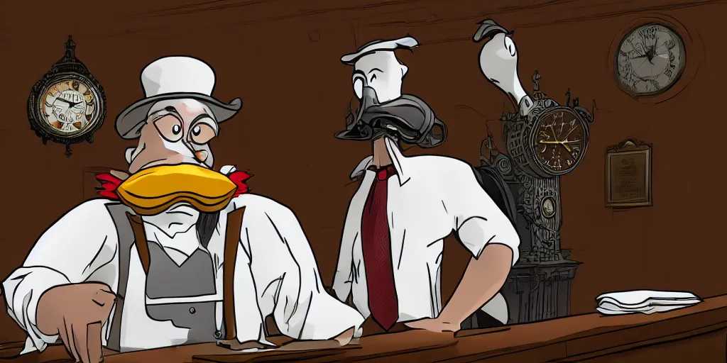 Image similar to a foghorn leghorn hyper chicken lawyer wearing a white t shirt representing a duck in court, steampunk, london, big ben, clock, dishonored, stylized, 8 k, uhd.