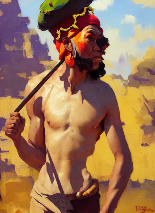 Image similar to greg manchess side portrait of a filipino fighter with a jester hat and a scepter, organic painting, sunny day, matte painting, bold shapes, hard edges, street art, trending on artstation, by huang guangjian, gil elvgren, ruan jia, randy vargas, greg rutkowski