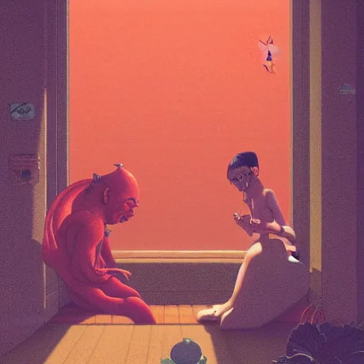 Image similar to close up portrait of a man and woman having fun with lsd and magic mushrooms by kawase hasui, moebius, Edward Hopper and James Gilleard, Zdzislaw Beksinski, Steven Outram, 8k, volumetric lighting, artstation