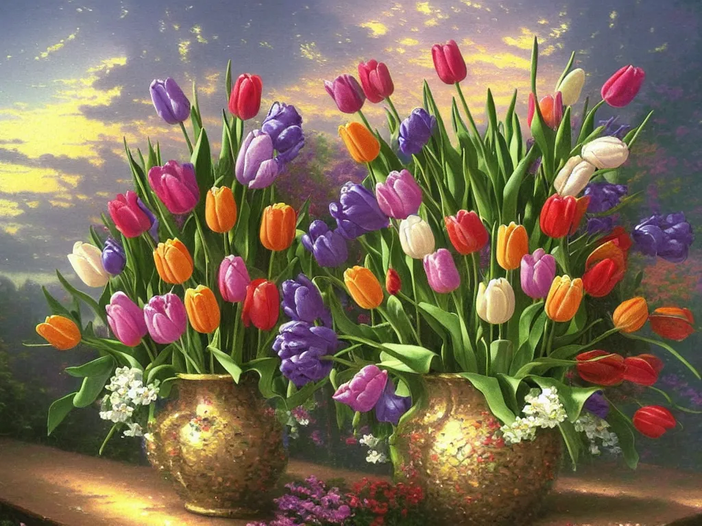 Prompt: a vase with tulips, style thomas kinkade