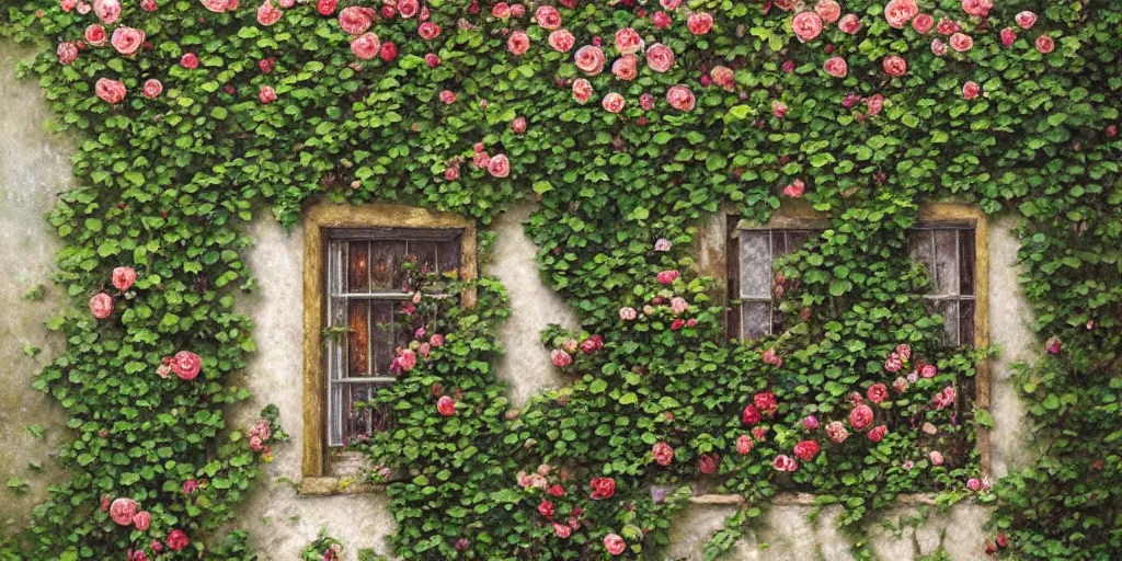 Image similar to cottage wall, outside garden courtyard with vines and ivy growing up the wall, beautiful roses, flowers, unreal, fantasy, intricate, elegant, dramatic, highly detailed, photorealistic, digital painting, painterly, artstation, concept art, smooth, sharp focus, art by john collier and krenz cushart and artem demura and albert aublet