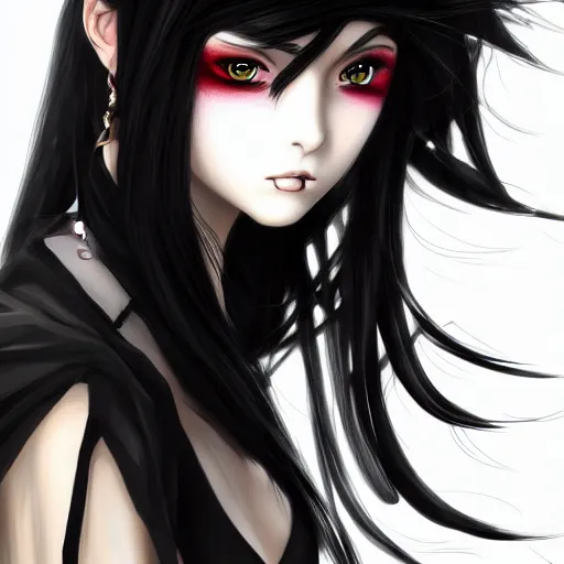 Prompt: front-facing headshot of a young gothic anime woman with black hair and golden highlights, wearing pretty makeup, drawn by WLOP, by Avetetsuya Studios, anime drawing, trending on artstation