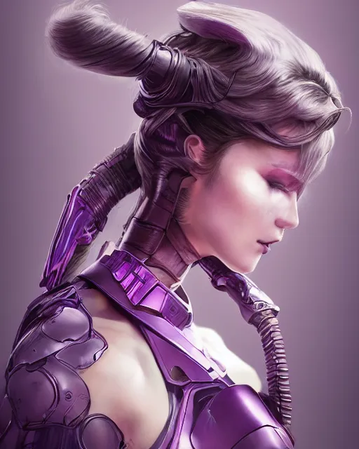 Image similar to close up portrait of a woman in smooth purple sci - fi armor, long black ponytail, elegant, intense, woman, an ultrafine hyperdetailed illustration by kim jung gi, irakli nadar, intricate linework, sharp focus, bright colors, octopath traveler, final fantasy, unreal engine 5, global illumination, radiant light