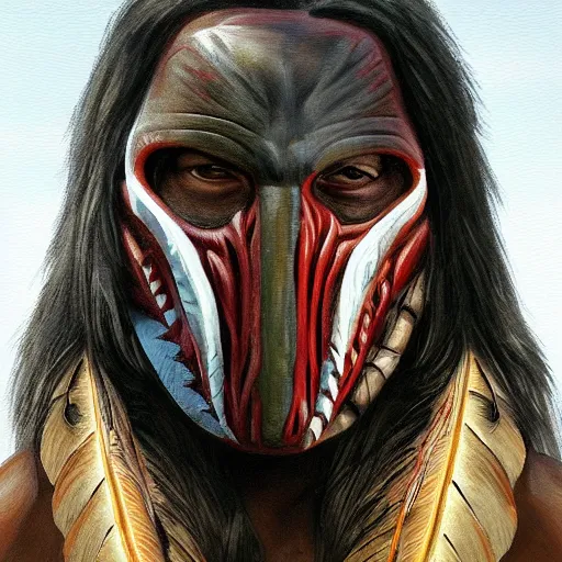 Image similar to painting portrait of a native american wearing a predator face mask, artstation, ultra detailed