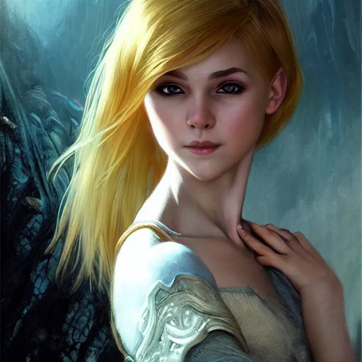 Prompt: an epic fantasy comic book style portrait painting of a young blonde girl with pixie haircut wearing plain thief clothes, confident, d & d, fantasy, intricate, elegant, highly detailed, digital painting, artstation, concept art, matte, sharp focus, illustration, art by artgerm and greg rutkowski and alphonse mucha