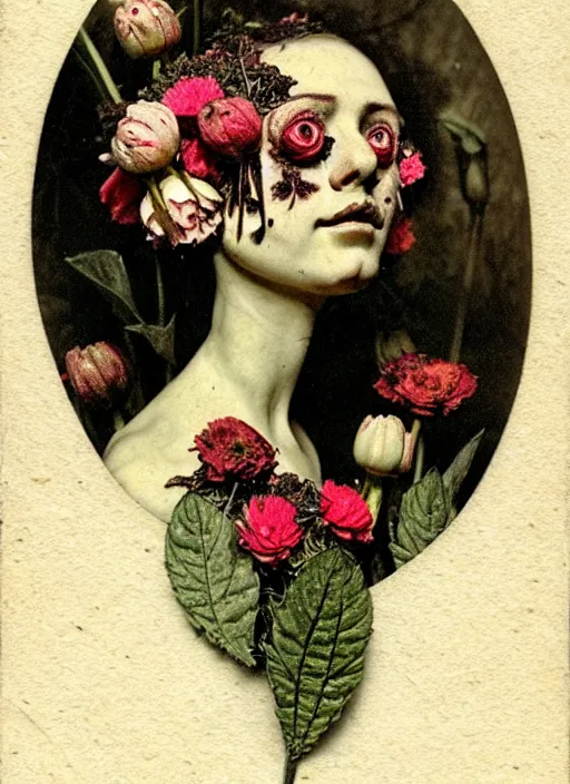 Image similar to beautiful and detailed rotten woman made of plants and many types of stylized flowers like carnation, chrysanthemum, roses and tulips, ornamentation, rococo, intricate, surreal, john constable, guy denning, gustave courbet, caravaggio, romero ressendi 1 9 1 0 polaroid photo