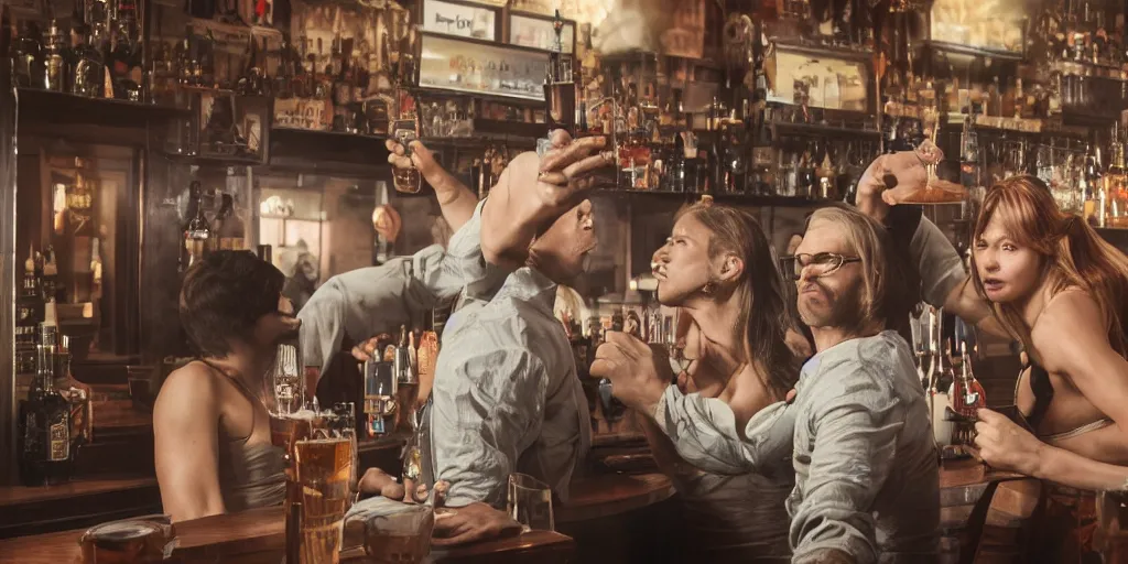 Image similar to a photo of a bar fight inside a pub between men and women, Leica, symmetrical faces, muscles, detailed faces, accurate faces, 4k, 3D render, hyperrealism, editorial, photorealistic, crisp details, sharp focus, wide angle lens, octane render, cinematic lighting