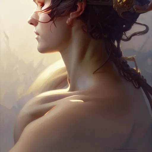 Image similar to , muscular upper body, D&D, fantasy, intricate, elegant, highly detailed, digital painting, artstation, concept art, smooth, sharp focus, illustration, art by artgerm and greg rutkowski and alphonse mucha