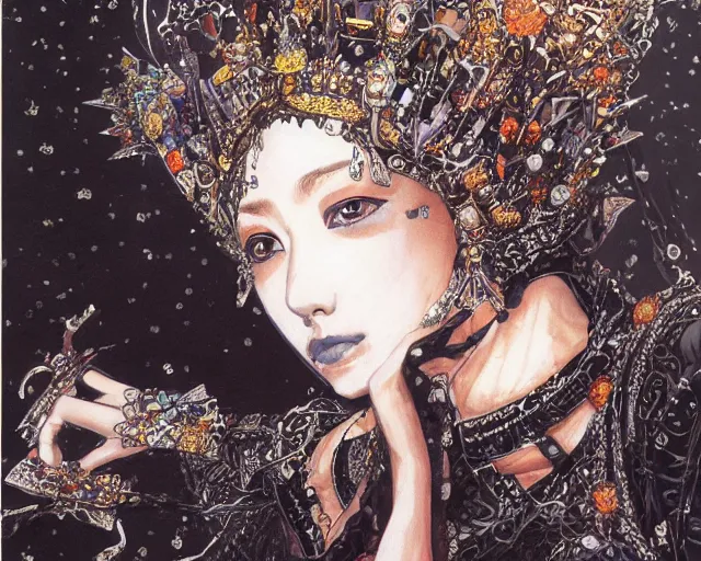 Image similar to an illustration of a queen wearing a beautiful black dress on a stone throne by yoshitaka amano, by katsuhiro otomo realistic, detailed, oil painting