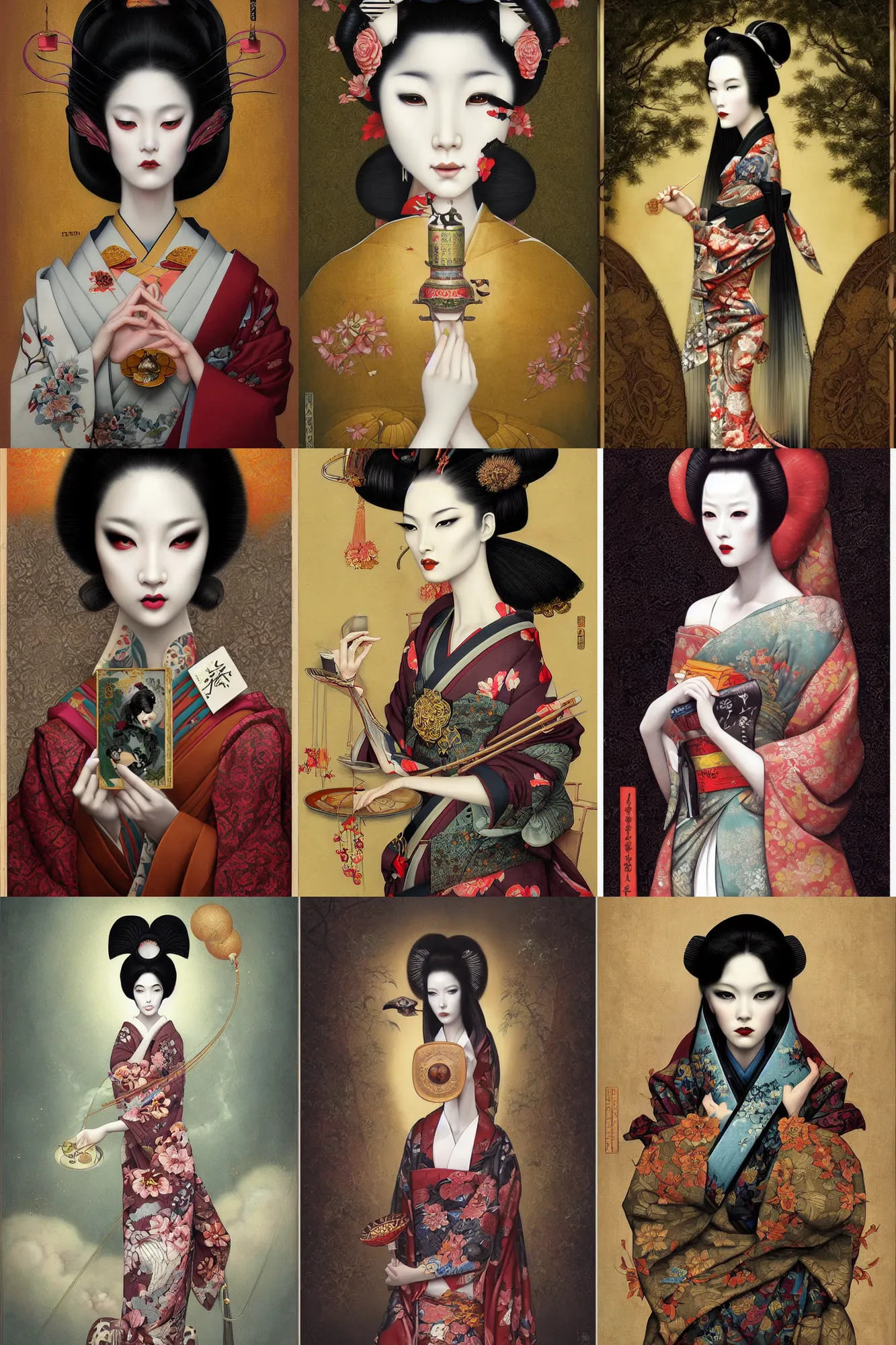 Prompt: digital painting of a geisha with a long neck by tom bagshaw, ayami kojima, mark ryden in the style of thoth tarot card