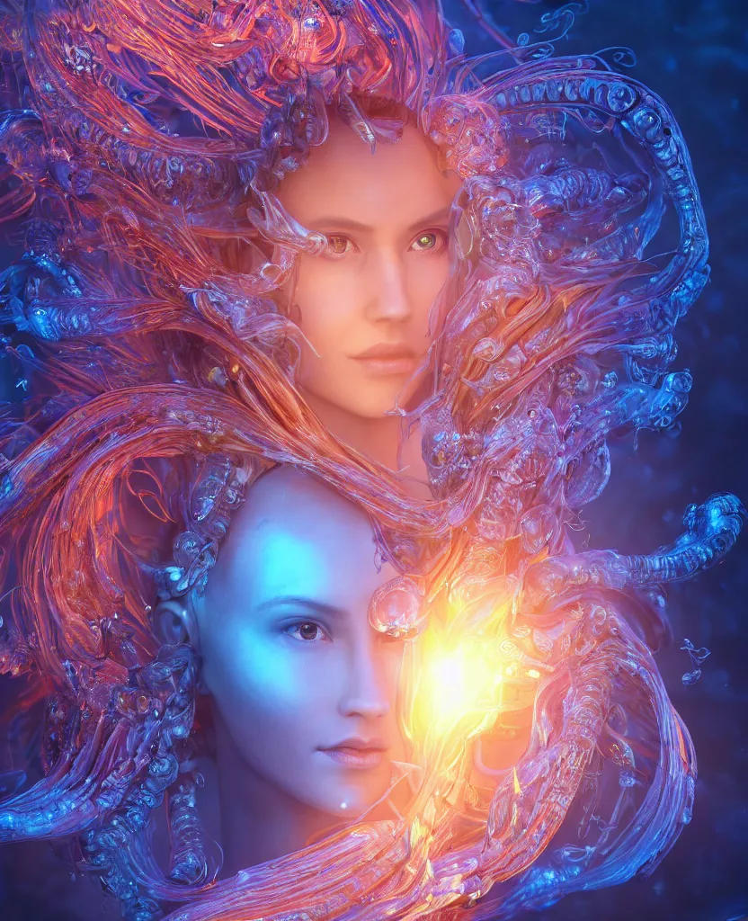 Image similar to close-up macro portrait of the face of a beautiful princess, epic angle and pose, symmetrical artwork, 3d with depth of field, blurred background, cybernetic jellyfish female face skull phoenix bird, translucent, nautilus, energy flows of water and fire. a highly detailed epic cinematic concept art CG render. made in Maya, Blender and Photoshop, octane render, excellent composition, cinematic dystopian brutalist atmosphere, dynamic dramatic cinematic lighting, aesthetic, very inspirational, arthouse. y Greg Rutkowski, Ilya Kuvshinov, WLOP, Stanley Artgerm Lau, Ruan Jia and Fenghua Zhong