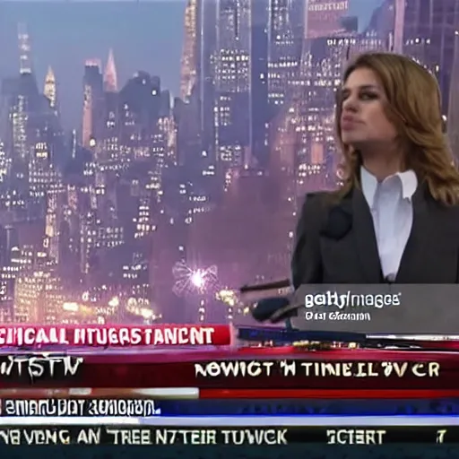 Prompt: newscaster reporting on the appearance of an enormous cat wrecking nyc, television screen, high resolution