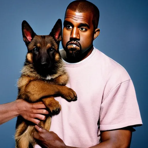 Image similar to Kanye West holding a German Sheppard for a 1990s sitcom tv show, Studio Photograph, portrait C 12.0