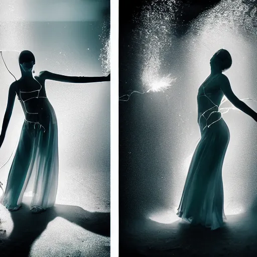 Image similar to medium format photograph of a surreal fashion shoot underwater with lightning strikes and neon fish