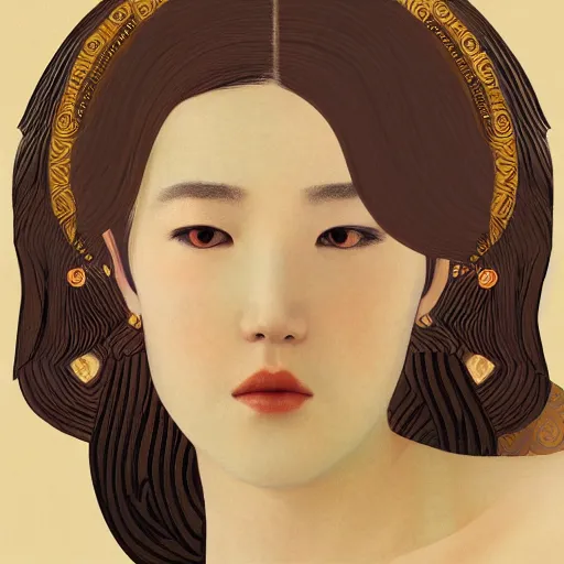 Image similar to a portrait of a very beautiful goddess with halo behind her head, in the style of WLOP and Hsiao-Ron Cheng and Gustav Klimt