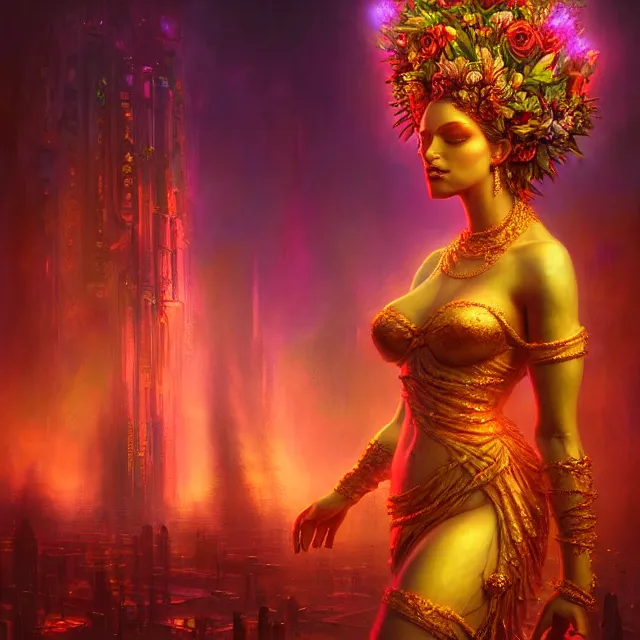 Image similar to Beautiful 3d render of the flower queen goddess in a sensual pose, atmospheric lighting, painted, intricate, volumetric lighting, beautiful, rich deep colours masterpiece, sharp focus, ultra detailed, in the style of Dan Mumford and marc simonetti, with a crowded futuristic cyberpunk city in the background, astrophotgraphy