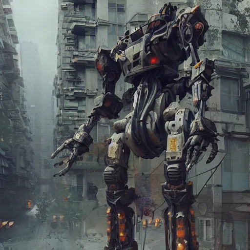 Image similar to six feet tall mech fighting in an urban environment, by gaudi, by ismail inceoglu, octane render, by weta digital, cinematic lighting, bump mapped, lumen reflections, ambient occlusion, action scene screenshot, epic scale, trending on artstation