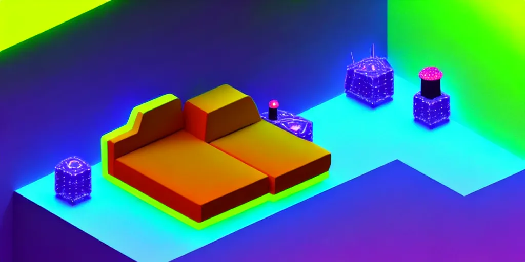 Image similar to isometric object is a low poly isometric sofa with alien aesthetic inspired by pandora in the avatar movie, it has bioluminescent plants growing on top of it, beautiful neon orange - yellow with blue hints and it's bedecked with some sparkling crystals all over the place. a dark place, night isometric ambient black background neon. behance, pinterest