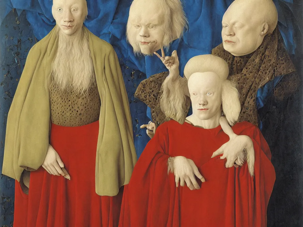 Prompt: Portrait of albino mystic with blue eyes, with tears of joy. Painting by Jan van Eyck, Audubon, Rene Magritte, Agnes Pelton, Max Ernst, Walton Ford