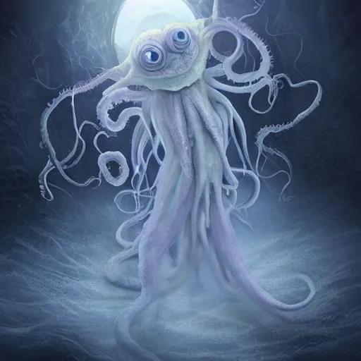 Prompt: an ethereal dream like fantasy fluffy ghost like spooky live action muppet wraith like figure with a squid like parasite latched as its head and four long tentacles for arms that flow gracefully at its sides like a cloak while it floats around a frozen rocky tundra in the snow searching for lost souls and that hides amongst the shadows in the trees, this character has cryokinesis and electrokinesis and is a real muppet by sesame street for a spooky halloween special, photo realistic, real, realistic, felt, stopmotion, photography, sesame street