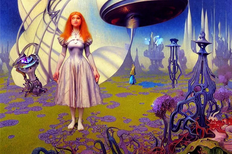 Prompt: realistic extremely detailed portrait painting of alice in wonderland, futuristic sci-fi landscape on background by Jean Delville, Amano, Yves Tanguy, Ilya Repin, Alphonse Mucha, Ernst Haeckel, Edward Robert Hughes, Roger Dean, rich moody colours, blue eyes