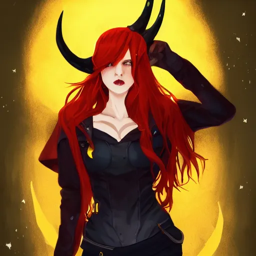 Prompt: a pale redheaded demoness with yellow eyes and horns wearing a jacket, dark spot around eye, highly detailed, galaxy background, digital painting, artstation, matte, by makoto shinkai, animation style