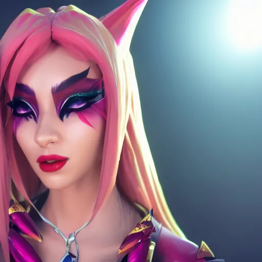 Prompt: still of pretty Xayah (League of Legends) in KDA More music video. 3d render, octane render, game art, realistic, highly detailed, trending on artstation, 4k, trending on artstation, pixar, cgsociety, unreal engine 5, redshift render, trending on artstation, blender, behance, cg