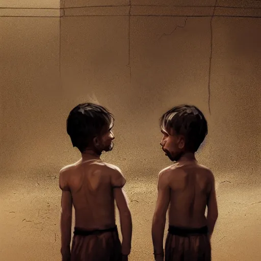 Image similar to portrait, 5 year old male twins in ancient Canaanite clothing looking at each other suspiciously, dramatic lighting, cinematic, establishing shot, high detail, photo realistic, cinematic lighting, post processed, concept art, artstation, matte painting, style by eddie mendoza, raphael lacoste, alex ross