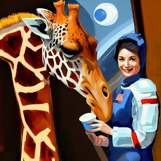 Image similar to a giraffe dressed like an astronaut drinking tea with queen isabel, trending on artstation, art by greg manchess, guangjian, detailed digital art, artstation hd