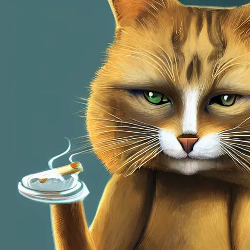 Image similar to an anthropomorphic cat smoking a fat joint, stunning digital art, highly detailed masterpiece