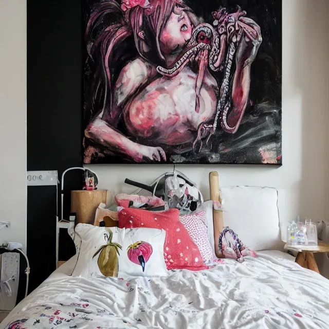 Prompt: a portrait in a female artist's bedroom, black walls, emo girl riding an inflatable pig, sheet music, berries, surgical supplies, pancakes, black flowers, sensual, octopus, neo - expressionism, surrealism, acrylic and spray paint and oilstick on canvas