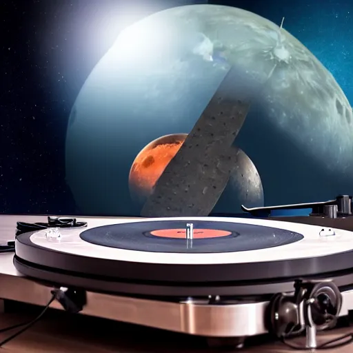 Image similar to a realistic matte painting of a dj with turntable play music on the moon, detailed, 8 k,