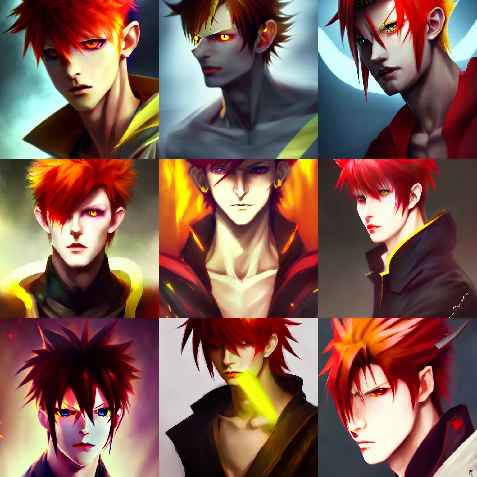 Prompt: portrait of anime male 2 0 years old bowie male evil sharp features yellow iris, very narrow yellow glowing eyes red red soft tousled crimson hair smirk anime hunterpedia pixiv fanbox concept art, matte, sharp focus hisoka cinematic lighting art by wlop ruan jia