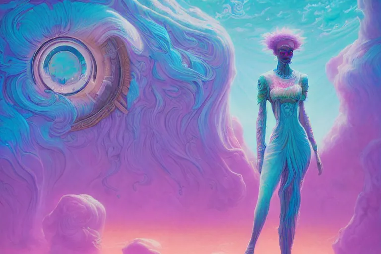 Prompt: muted vaporwave ombre. druid of creativity, beautiful character fashion design, by josan gonzalez and paul lehr and david heskin and seb mckinnon and jared s. merantz and alex grey, hi - fructose, 8 k, digital matte painting