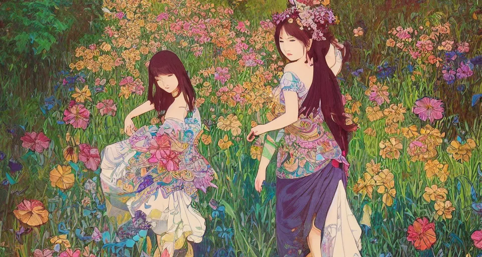 Image similar to oil painting, long shot, beautiful floralpunk thai girl illustration walking in a park, detailed patterns art of thai traditional dress, flower pop art, floral splash painting, art by makoto shinkai, ghibbli, alphonse mucha, dark shadow