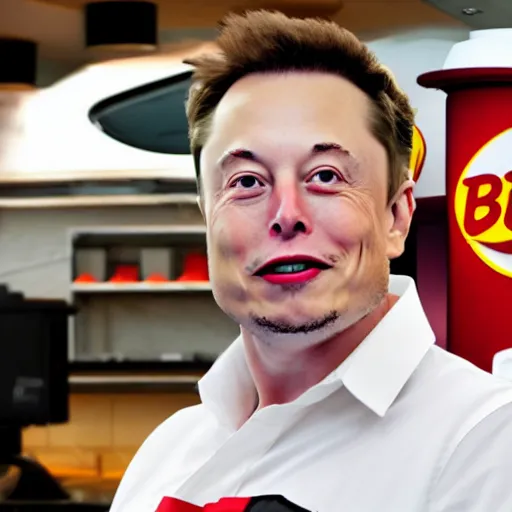 Image similar to elon musk working at burger king, elon musk working the register at a fast food restaurant