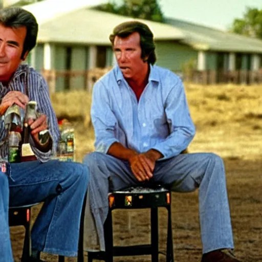 Prompt: randy mantooth with kevin tighe drunk, sitting by a dumpster drinking beer, many empty bottles lie around them