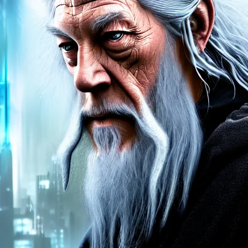 Prompt: Gandalf, but as an technically augmented human, cyberpunk, exobiology, hyper realistic, hyper detailed, realistic picture, high angle shot, Long shot, by Constantine Andreou, 4k post-processing highly detailed,