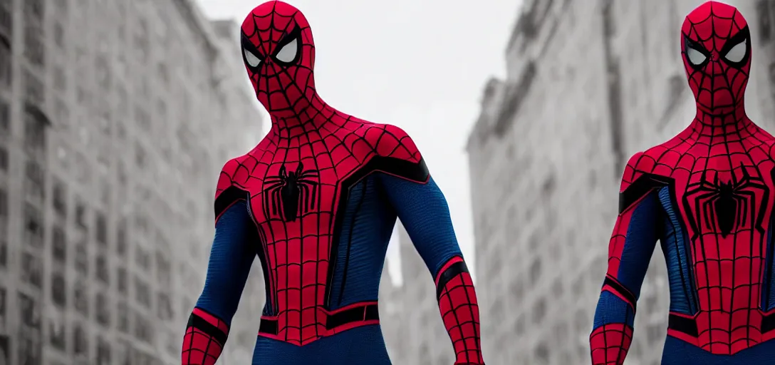 Image similar to Gigachad as Spider-Man, film still, wide-shot, full shot, cinematic lens, heroic portrait