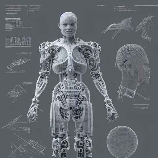 Prompt: detailed and intricate design of a full body of cyborg anatomy, 3 d design, great finesse organic hyper detailed, engineering blueprints, technical drawings, calculus, stained paper, hyperrealistic, ultra detailed, 4 k, octane render, unreal engine