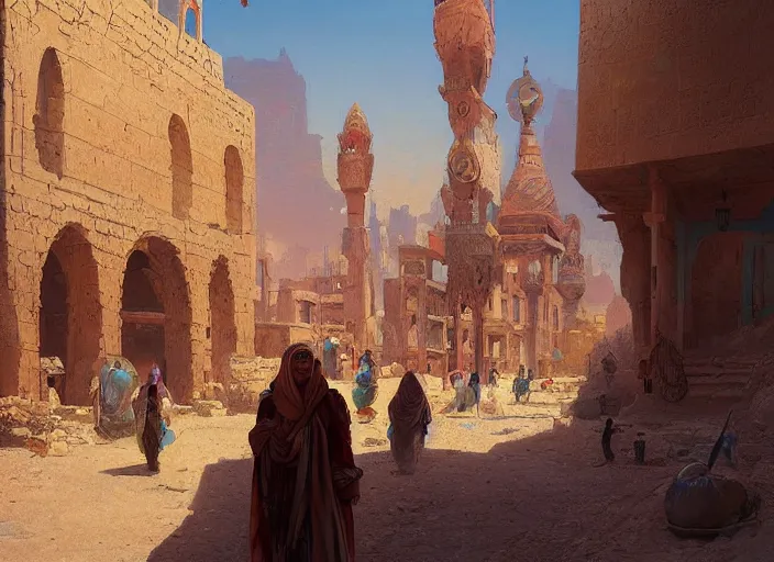 Image similar to Trader's City Kvar. Middle eastern buildings in the desert. Oasis. Colorful tapestries. a fantasy digital painting by Greg Rutkowski and James Gurney, trending on Artstation, highly detailed