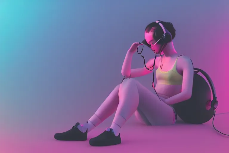 Image similar to a cute girl wearing headphones sitting on a cloud relaxing, misty, glows, digital art, hazy, foggy, ambient lighting, 8 k, neon, synthwave,