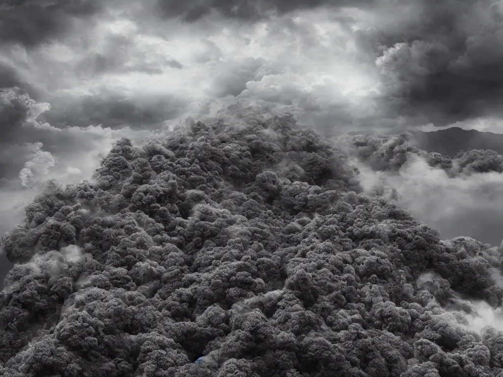 Image similar to detailed landscape, japanese high cliff, very detailed dark super storm, hyper realistic clouds, impressive, magical, very atmospheric, smoke boiling, cinematic, deep, very high complexity, stunning, masterpiece, chiaroscuro, photography, very detailed. 4 k