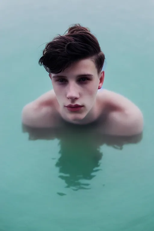 Image similar to high quality pastel coloured film mid angle docu photograph of a beautiful young 2 0 year old male, soft features, short black hair, clothed, in icelandic black rock pool environment. atmospheric. three point light. photographic. art directed. ( pastel colours ). volumetric light. clearcoat. waves glitch. 8 k. filmic.